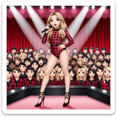 Sabrina carpenter singing at concert wearing a black and red plaid bodysuit a red sheer top over it , a strip of black lace around her leg, black sparkle heels. there is a  huge crowd and light pink stage setting  sticker