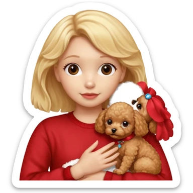 Blonde girl hugging a apricot female toy poodle and small red male toy poodle puppy sticker