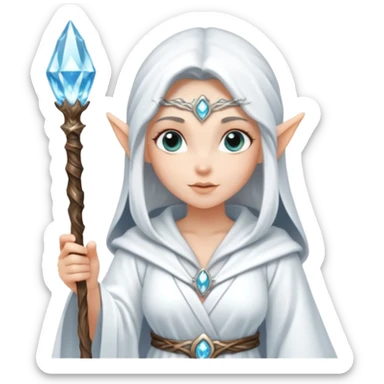 {
      "type": "human",
      "look": "snow elf sorceress, white robe, silver staff, ice gem top",
      "description": "a snow elf sorceress in a white robe with a silver staff topped by an ice gem"
    } sticker