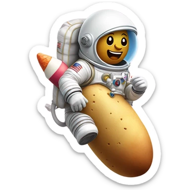 Astronaut riding a rocket made out of a potato while eating ice cream sticker