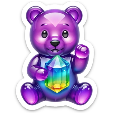 Rainbow Colored Gummybear holding a purple crystal sticker