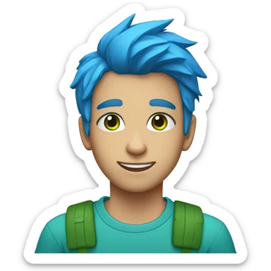 A teenager of a bright blue hair and green eyes with a blue t-shirt sticker