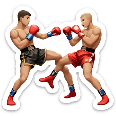 An icon showcasing a high-energy kickboxing match. Two fighters in action, one delivering a powerful roundhouse kick while the other defends with gloves raised. The background features a professional ring with bright lights and a cheering crowd. Transparent background. sticker