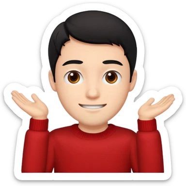 emoji of a guy with a red sweater, brown eyes, and black hair, cheerful expression sticker