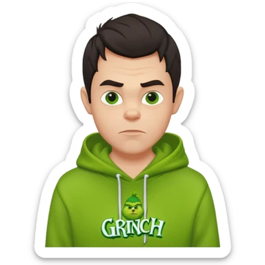 Create an avatar of white European with dark hair  male in hoodie with ``BST`` letters on it. Make background to look like from movie Grinch sticker