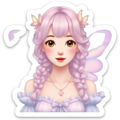 Gorgeous pastel anime style lady with blushing face and fairy wings necklace cottagecore fairycore pastelcore colorful pearly romantic simplistic aesthetic trending style sticker