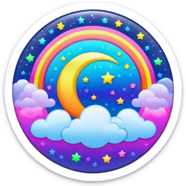 Beveled button with Neon rainbow colored damask style full moon with stars and clouds in the center sticker