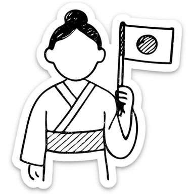 person in a traditional kimono holding the Japanese flag, hand drawn outlined icon sticker