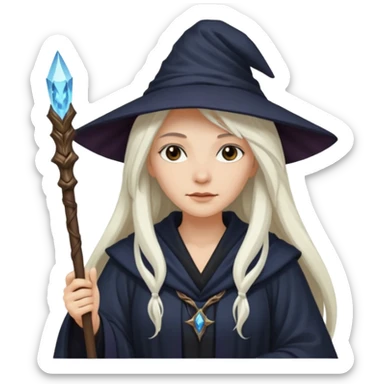 White Long Haired Women, Sorceress with staff — flowing white hair, calm face. sticker
