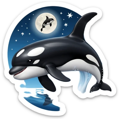 I want a realistic emoji of an orca whale leaping from the water with the moon illuminating the sky and reflecting on the sea. sticker