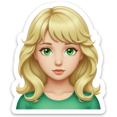 create a blonde wavy hair girl with green eyes, bangs  sticker