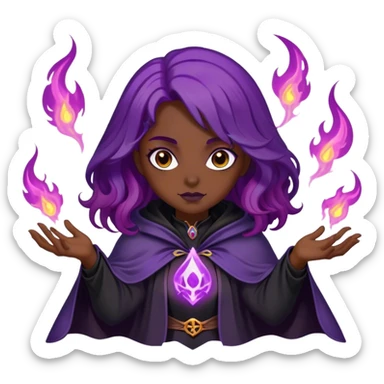 A dark sorceress with wavy purple hair, wearing a black cloak, summoning violet flames sticker