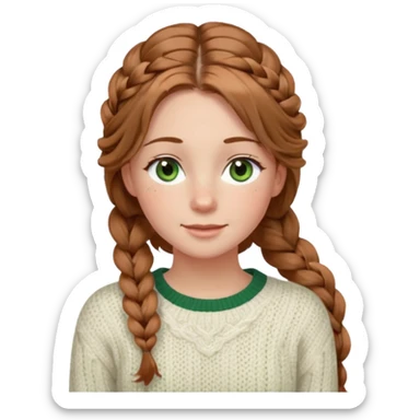 light brown hair hazel/green eyes woman with a white cable knit sweater and one braid down her back  with tendrils of hair flowing down her face and she is happy pale, some freckles, blush. she has a cateye wing and long lashes sticker