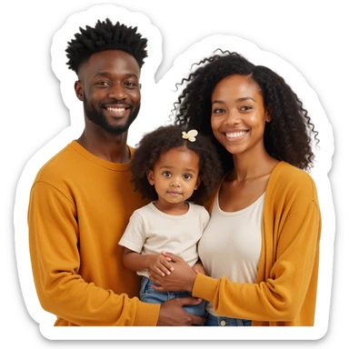 closeup front angle shot of a diverse family with two adults and a child, detailed lifelike textures, soft background, skeuomorphism style sticker