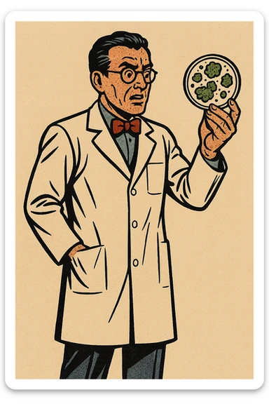 The full body of 1940s male scientist wearing a white lab coat over his suit with a red bow tie. He is holding a mouldy petri dish sticker