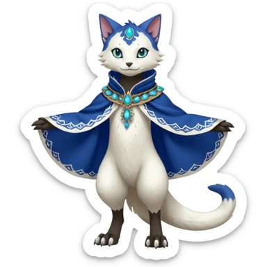 Kawaii cute beautiful pretty elegant divine edgy feline-vernid-sergal-Fakémon-Pokémon-Digimon-fursona-animal-creature, full body, with intricate detailed markings, Embroidered capelet, silken shawl sticker