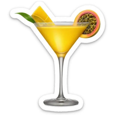 A yellow cocktail in a rounded martini glass with a passion fruit garnish sticker
