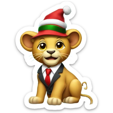 Lion cub wearing a business suit and hat that has a logo of “TripTips” standing in front of a Christmas tree with money falling everywhere sticker