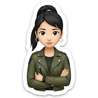 A girl with a pony tail black hair and olive ish skin, Asian eyes, with a black jacket and a black purse with arms crossed  sticker