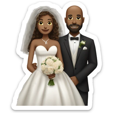Black bald man with a beard and his wife with long, brown, curly hair on their wedding day sticker