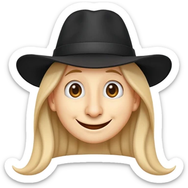 emoji character with long nose, long hair, black hat, happy facial expression sticker