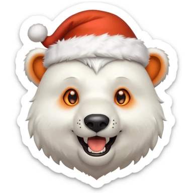 Polar bear and wolf hybrid with sabertooth fangs; light orange eyes; smiling; wearing a Santa hat  sticker