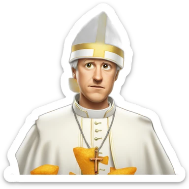 Geoff keighley wearing a pope hat that is also a Dorito fighting angry Joe sticker