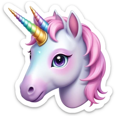 Cinematic Cute Unicorn Pony Portrait Emoji, Head tilted playfully and inquisitively, featuring a charming, diminutive form with a gentle pastel color, a delicate, sparkling horn and large, dreamy eyes full of wonder, Simplified yet irresistibly adorable features, highly detailed, glowing with a warm, magical glow, high shine, affectionate and lively, stylized with a touch of whimsical charm, soft glowing outline, capturing the essence of a mischievous yet endearing unicorn pony that seems as if it could prance out of the screen into your arms! sticker