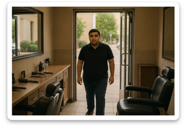 Shu odamni sartaroshxonaga kirib kelayapti  o'smirin davri rakurs ichkaridan sartaroshxona eski ham yangi ham emas bolani juda semiz qilib yuborma  u huddi sartaroshxonani  hammadan oldin kelib ochsin sticker