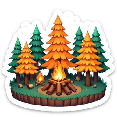pixel art of a forest at night, with a campfire in the center. there are tall and short trees. sticker