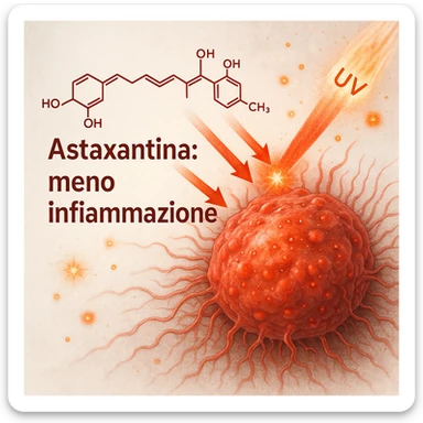 hyper realistic red astaxanthin molecule reducing inflammation, oxidative stress and UV damage, protecting inflamed cells, scientific atmosphere, light background, Italian text 'Astaxantina: meno infiammazione' sticker