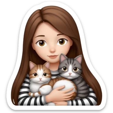 pretty girl with long brown hair snuggling 3 cats: grey and white, brown striped and black and white sticker
