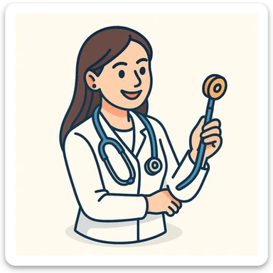 Edit the image of a female doctor with dark long straight hair and brown eyes, smiling, wearing a white medical coat in 2D isometric style with a minimalist background. Add a variation where she holds a medical instrument in her hand. sticker