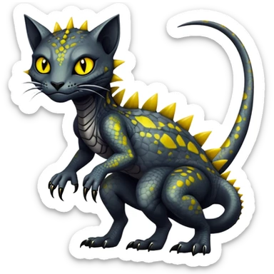 a dark gothic edgy reptilian feline-vernid-fionbri-creature with splash patterns full body sticker