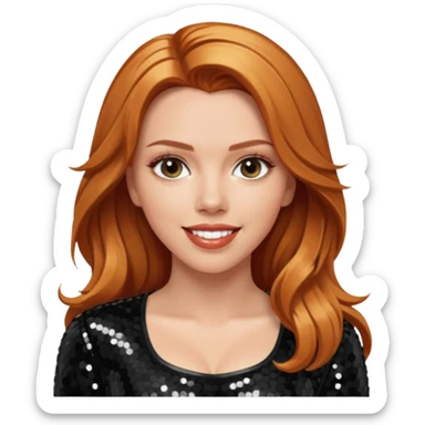 Scarlett Johansson with long reddish blonde hair, black sequin outfit sticker