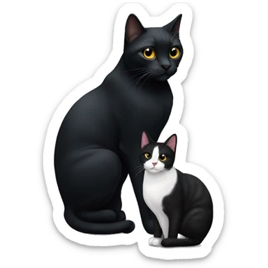 A large black cat sitting next to a smaller black and white cat sticker