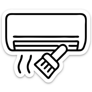 outlined icon of air conditioning cleaning with an AC unit and a cleaning brush sticker
