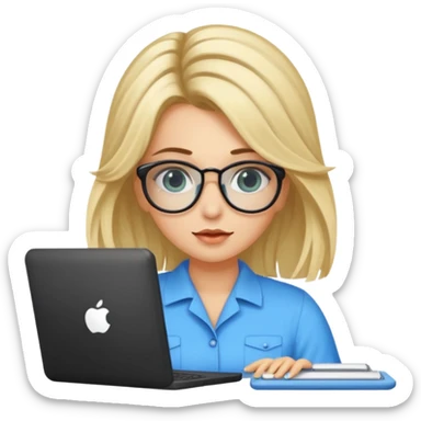 ragazza bionda con capelli lunghi, con occhiali tartarugati, occhi azzurri che lavora al pc sticker