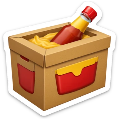 a small box have 2 sides, ketchup and mustard sticker