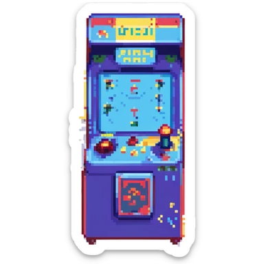 retro arcade machine in neon-lit room, glowing pixel game, red, blue, yellow highlights, joystick and buttons, moody cyber-retro atmosphere, reflective floor, dust particles, immersive 80s nostalgia, cinematic lighting sticker