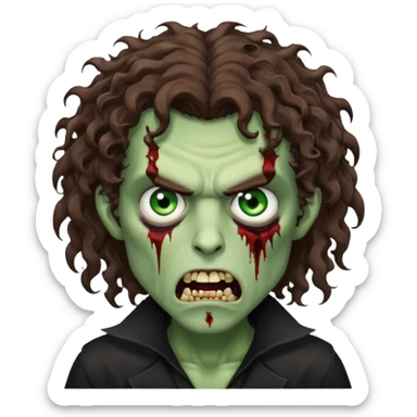 long curly haired male zombie with brown hair color and green eye color, with dark vampire clothes and angry face emotion sticker