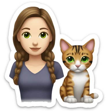 White skin girl with brunette hair with bengal cat with green eyes sticker