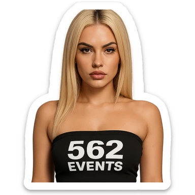 realistic baddie with blonde hair and white skin, wearing a tube top with the text '562 Events' written on it sticker
