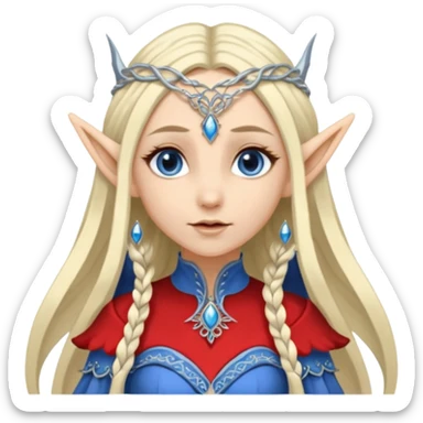 a girl elf with very long blond hair and a twisted headpiece, she's got pointy ears and a blue/silver dress sticker