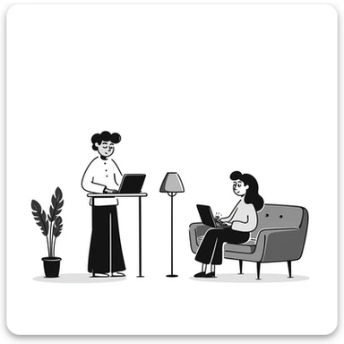 escenary 3d of a cozy mid-century living room with two people working on laptops, one man standing at a desk and one woman sitting on a couch, two walls and floor visible sticker