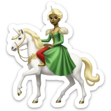 "galora green blonde alien woman" in red Victorian elegant dress, full body, rides unicorn gold and white
(NO WOKE)
 sticker