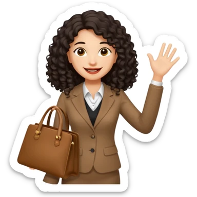 medium deep tan brown business woman with long black curly hair, waving hand with happy face with smile mouth and carrying bag on her shoulder sticker