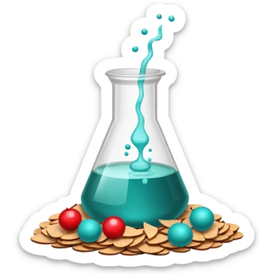 A science beaker filled with teal chemical, cherry slices, paper balls, and wood chips sticker