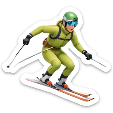An icon featuring a skier racing down a snow-covered slope, surrounded by snowy peaks, pine trees, and a picturesque mountain landscape. The sky is blue with soft clouds, capturing the thrill and beauty of alpine skiing. Transparent background  sticker