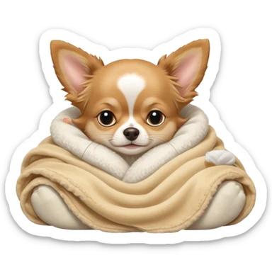 Long haired chihuahua, beige, no white on head, with white chest and white socks, sleeping cutely under blanket sticker